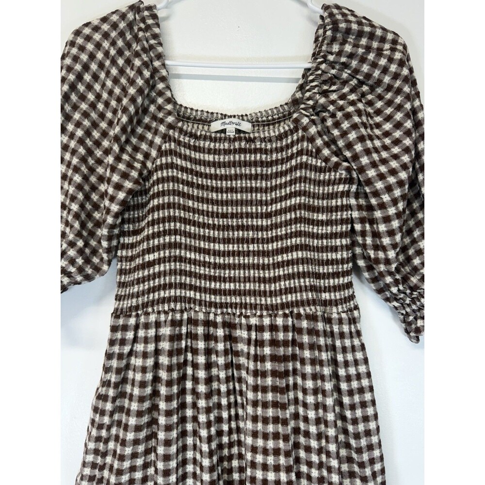 Madewell Lucie Smocked Gingham Midi Dress Brown White Puff Sleeve Cotton Sz XXS - Picture 6 of 16